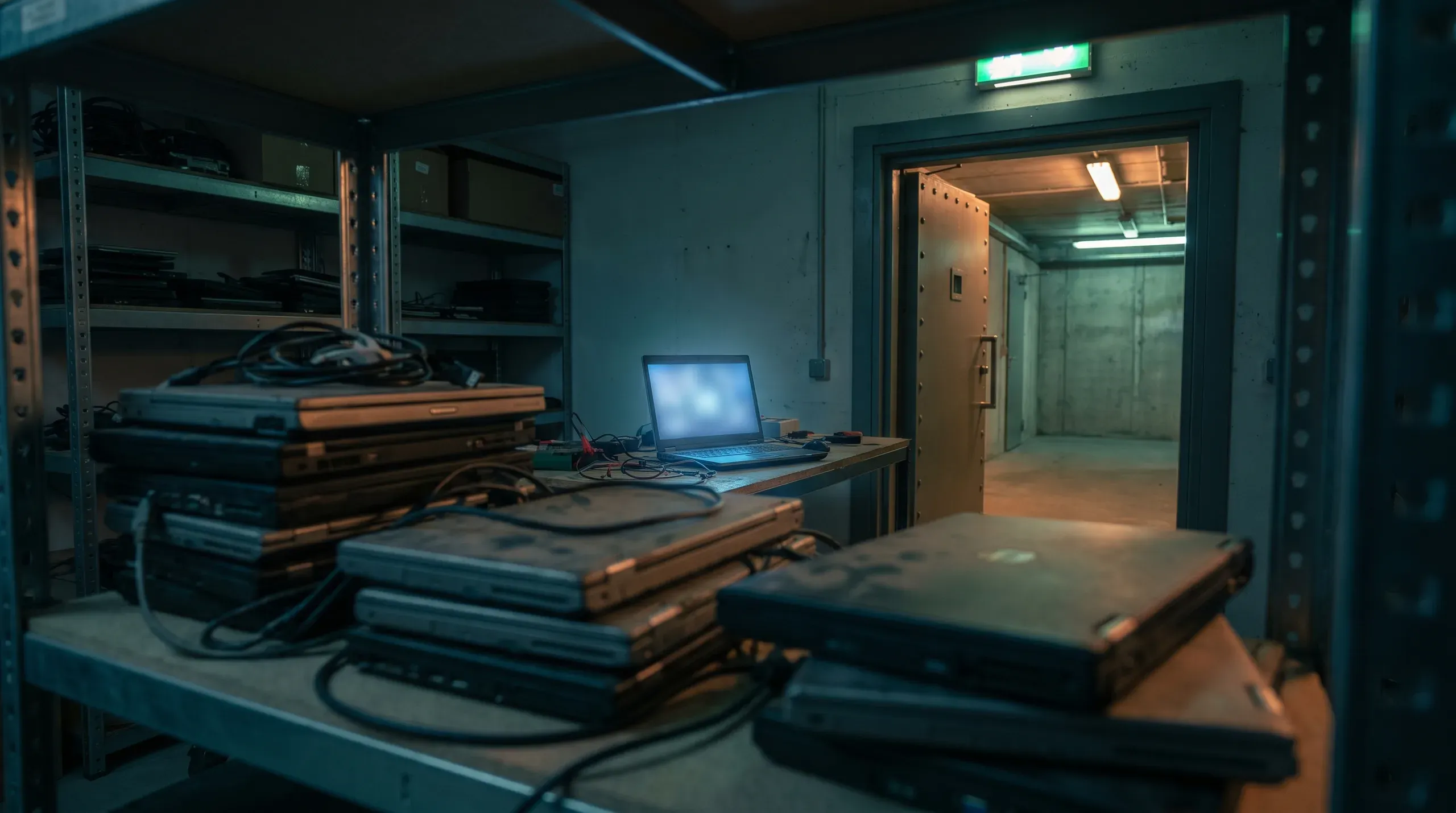 A dimly lit IT storage room with retired business laptops stacked on shelves, one laptop open on a workbench with a glowing screen, and a security vault door partially open in the background.