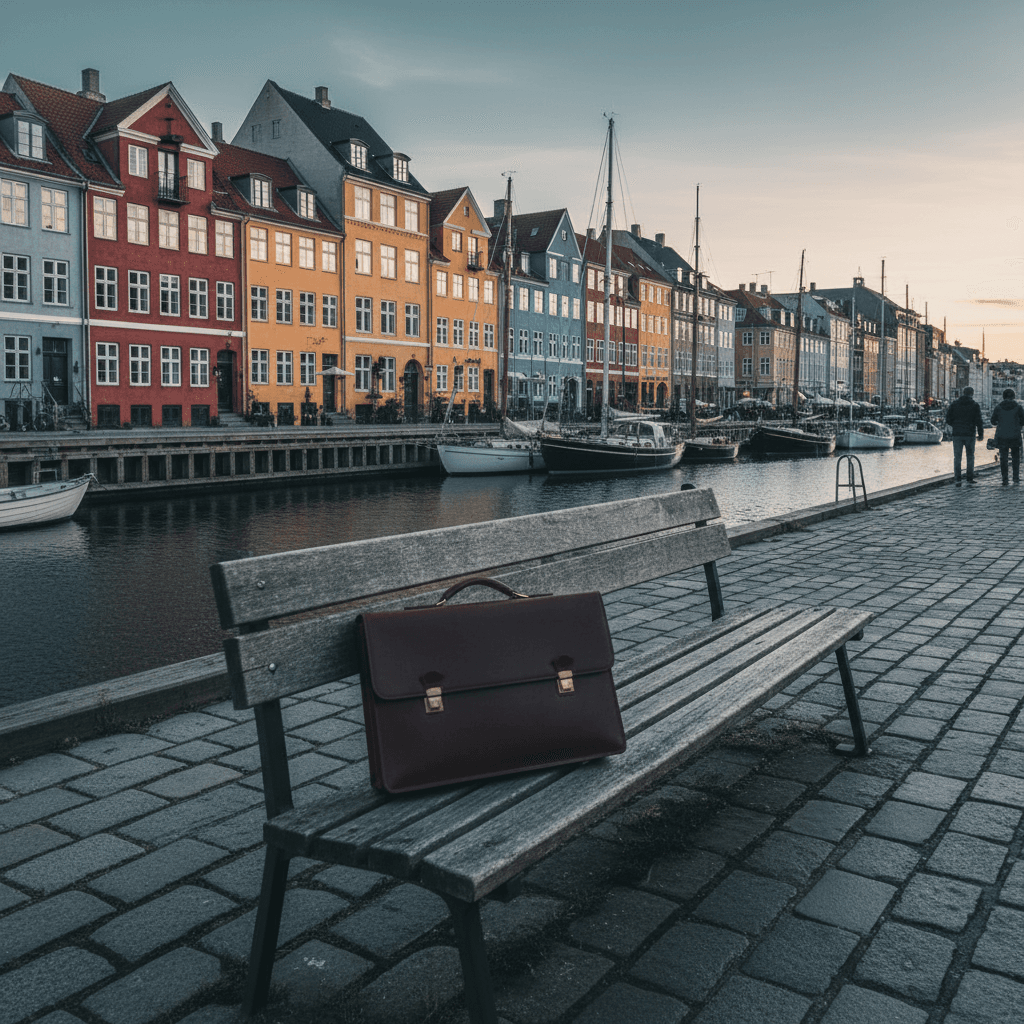 Copenhagen harborfront promenade in late afternoon light, with a leather portfolio on a bench.