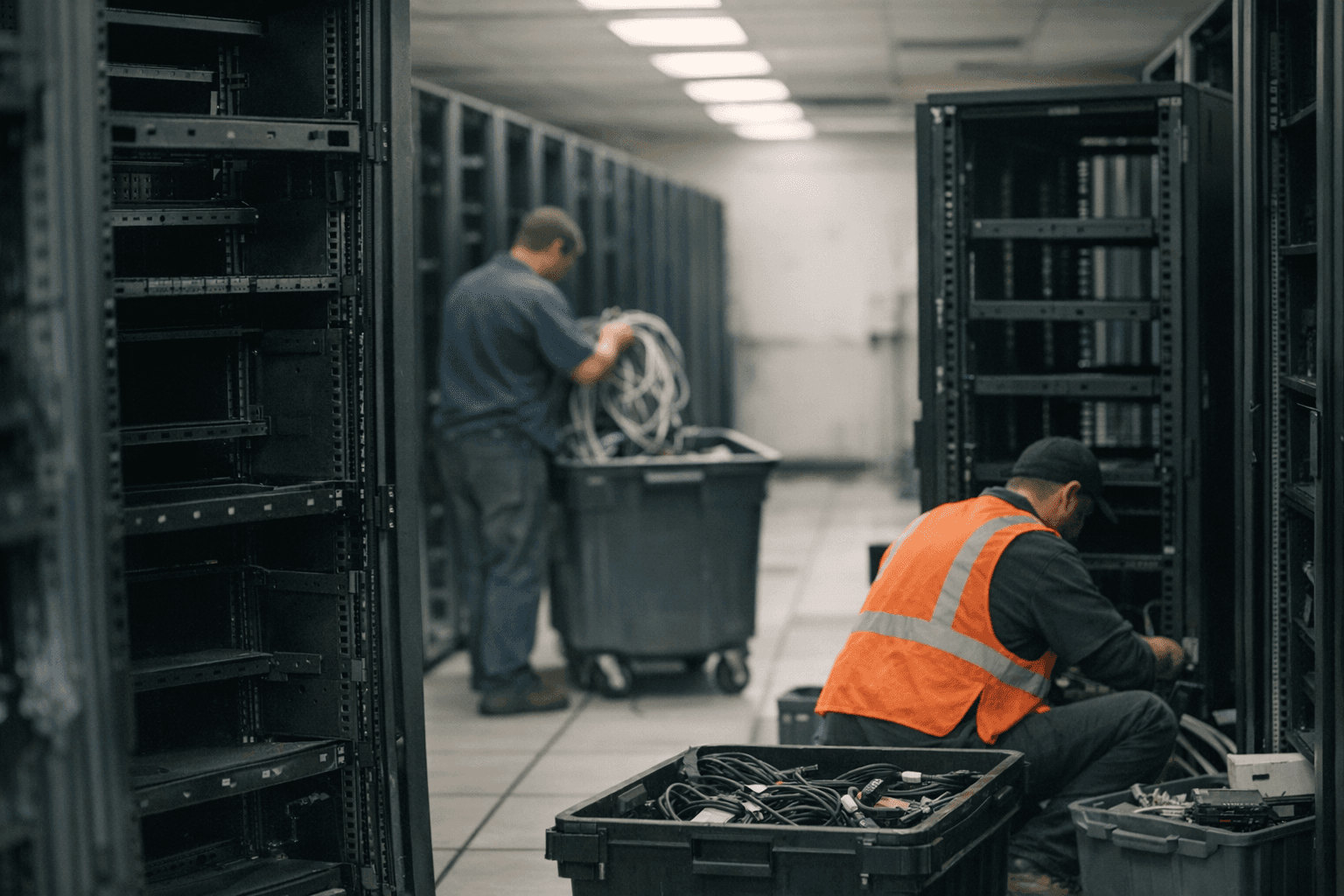 A professional setting depicting a data center with empty server racks.