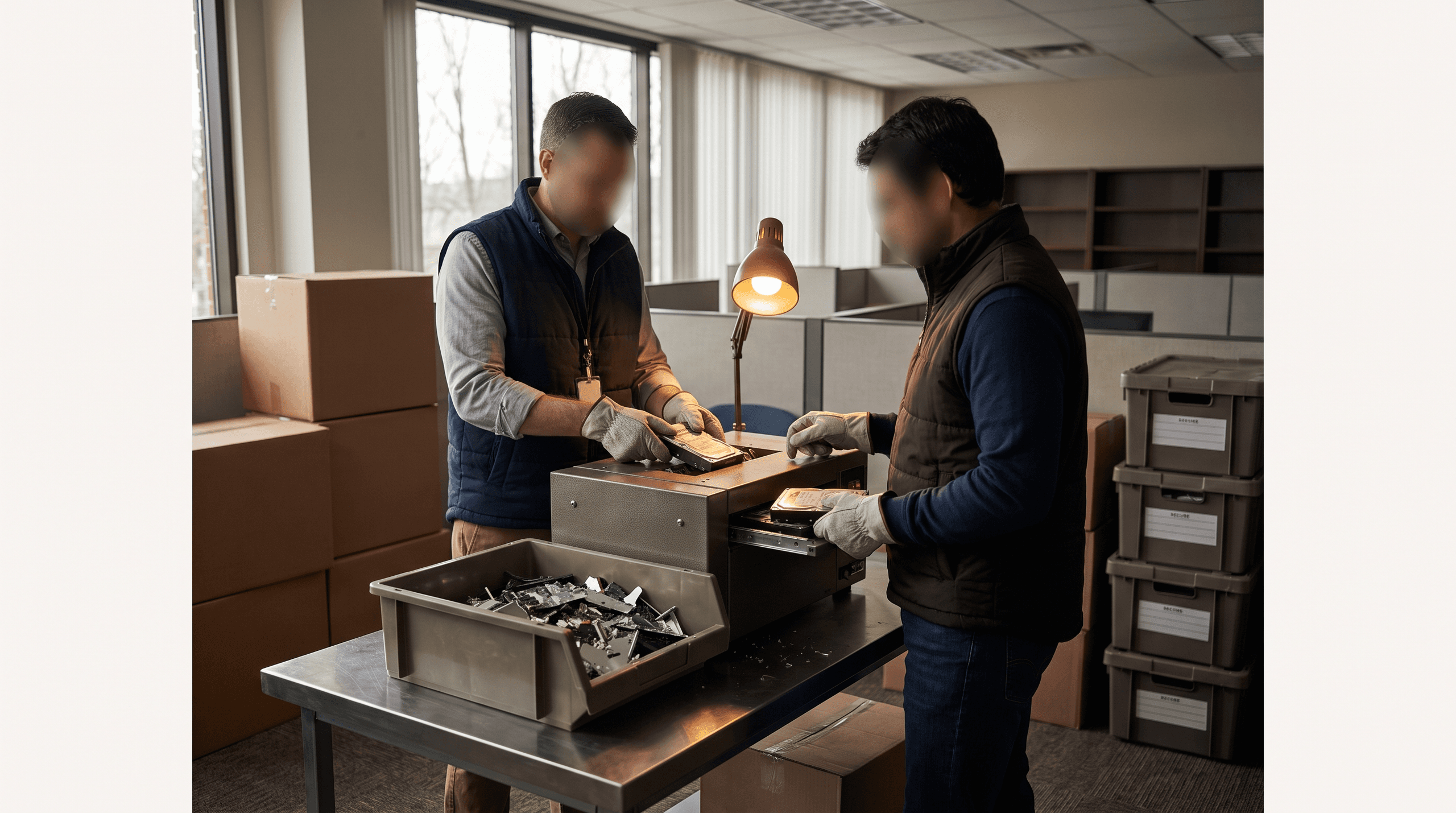 Office environment with IT professionals destroying electronic assets