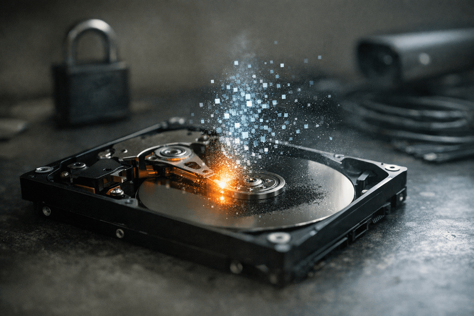A hard drive being securely erased with digital elements.