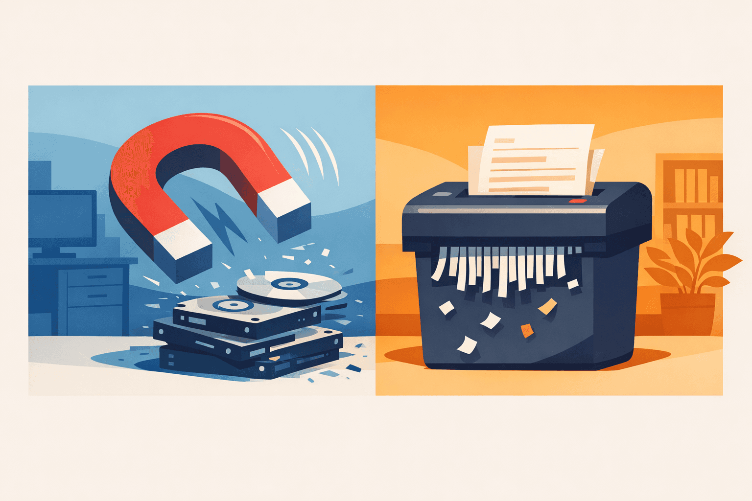 Hero image contrasting degaussing and shredding as data destruction methods.