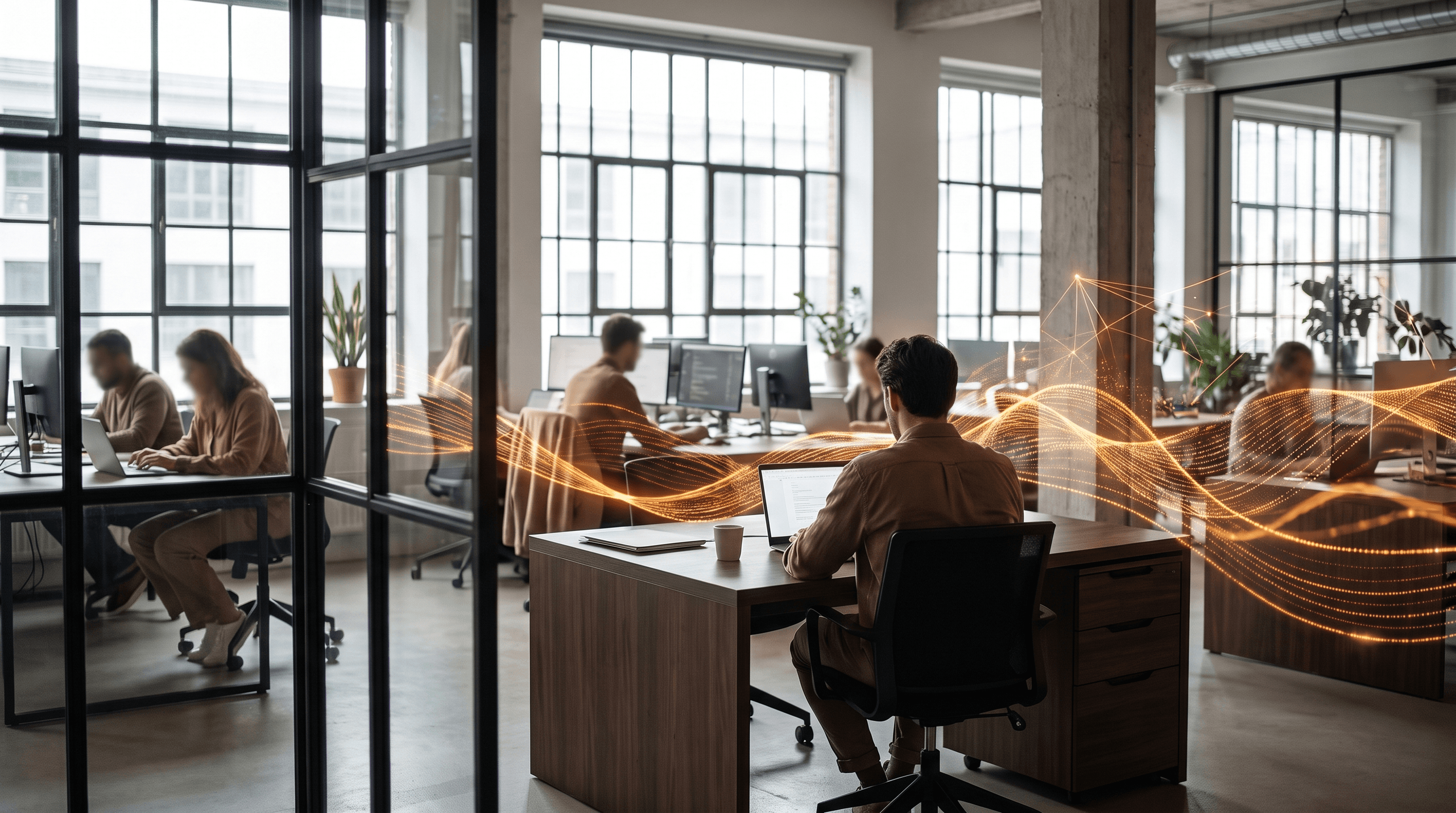 A modern office environment showcasing data management processes