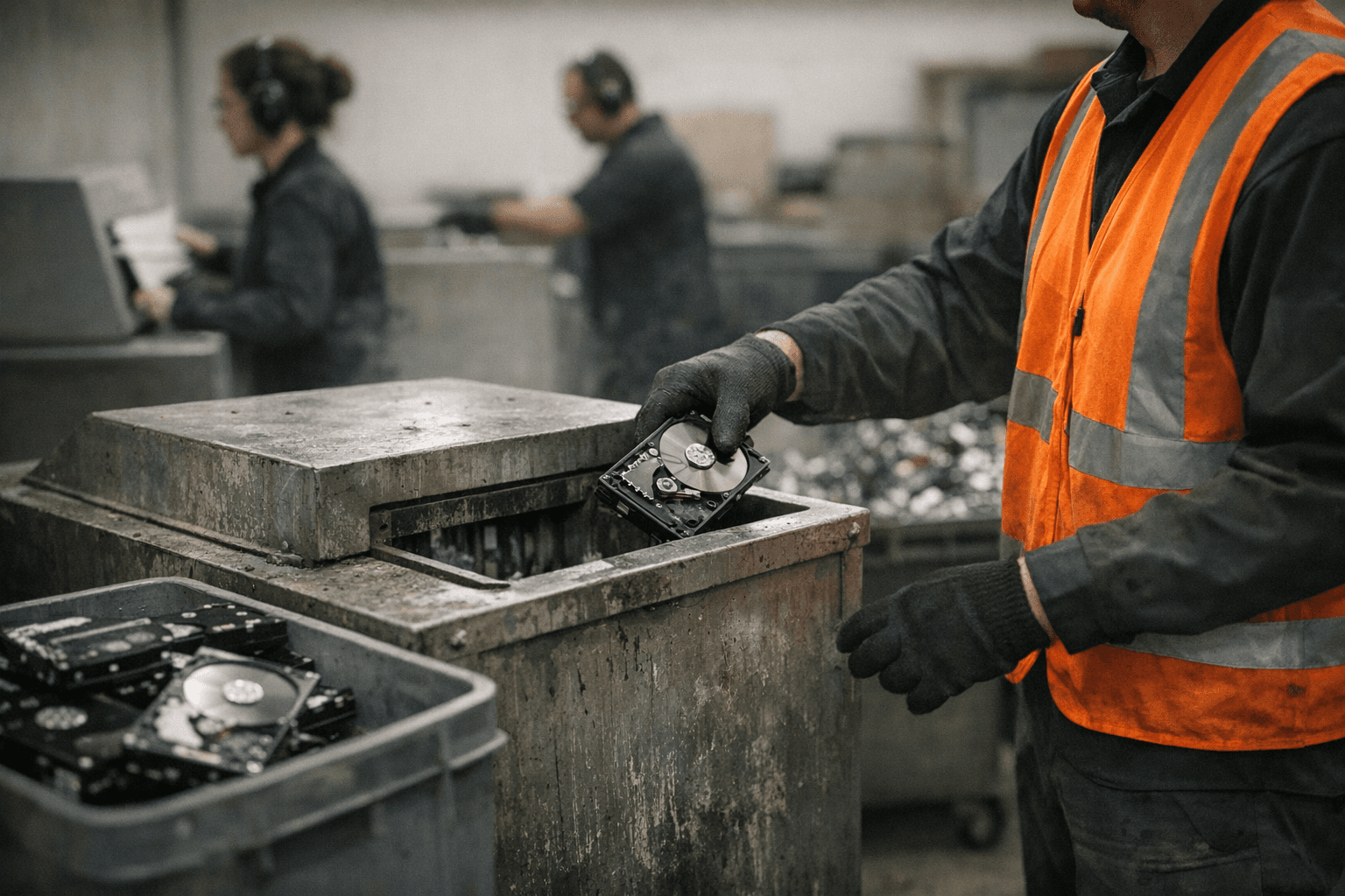 Data destruction facility with employees at work