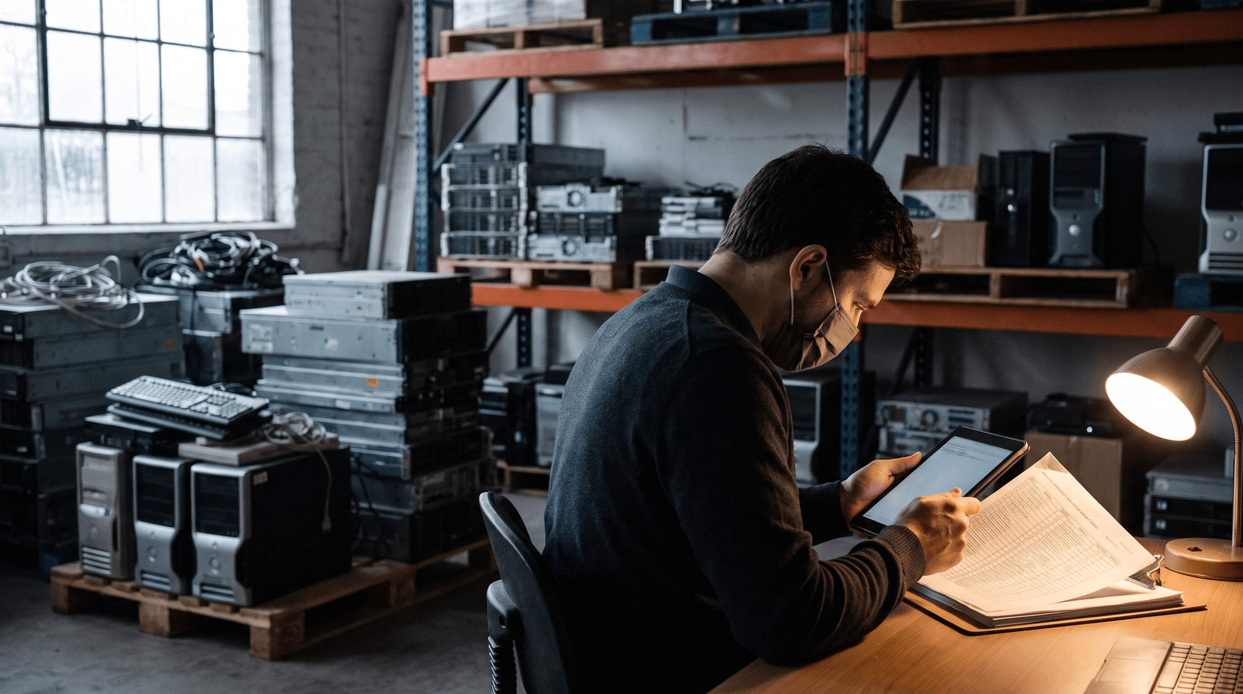 A professional analyzing IT assets for disposal.