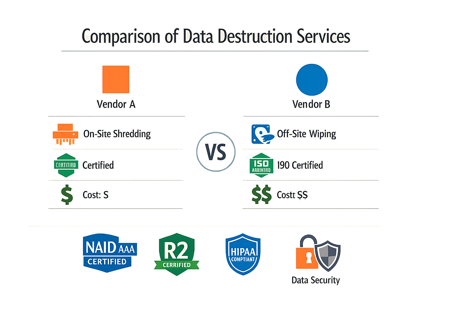 Comparison of data destruction services with vendor logos and certification badges.