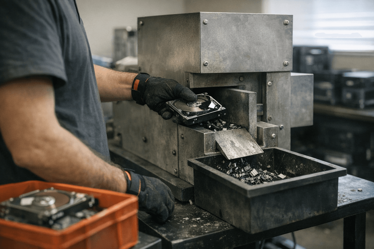 Technician performing on-site hard drive destruction