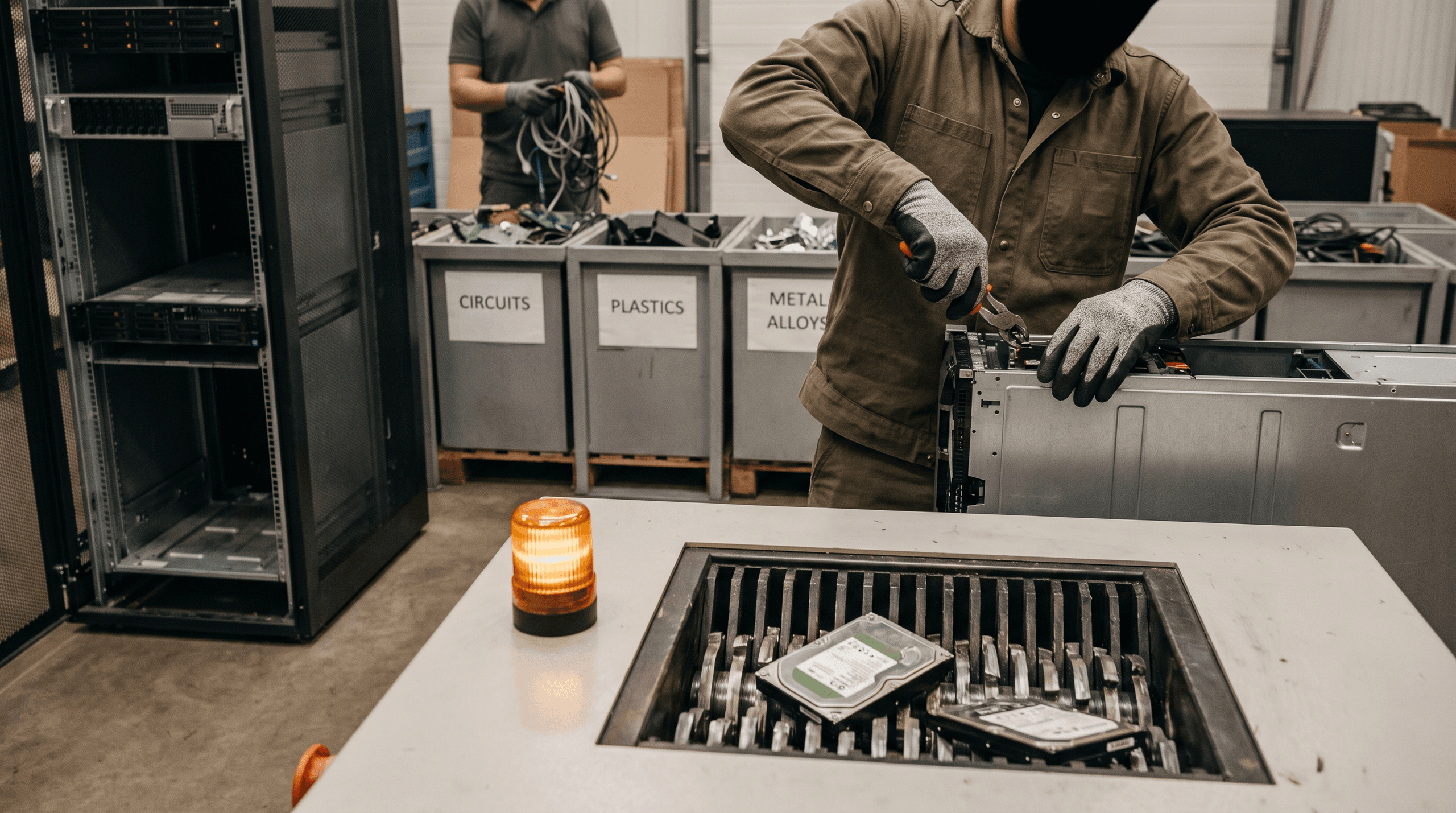 A professional setting depicting server recycling.