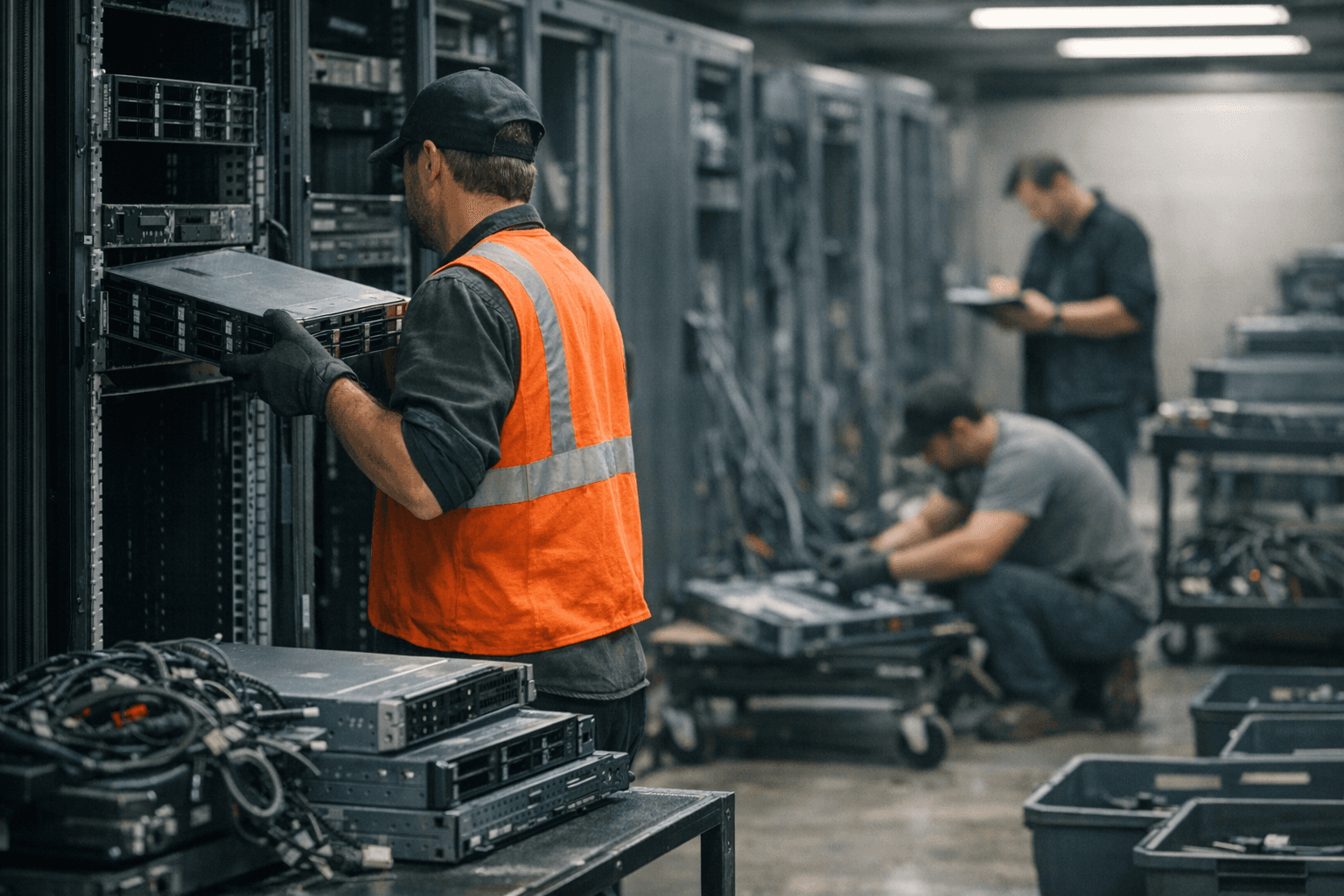 Workers decommissioning a data center